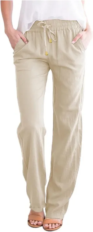 Womens Casual Cotton Linen Pants Lightweight Summer Relax Fit Elastic Waist Lounge Long Trousers Summer Beach Pants