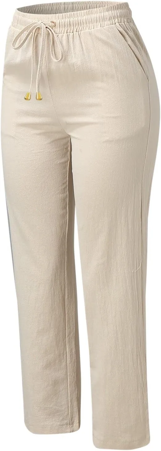 Womens Casual Cotton Linen Pants Lightweight Summer Relax Fit Elastic Waist Lounge Long Trousers Summer Beach Pants
