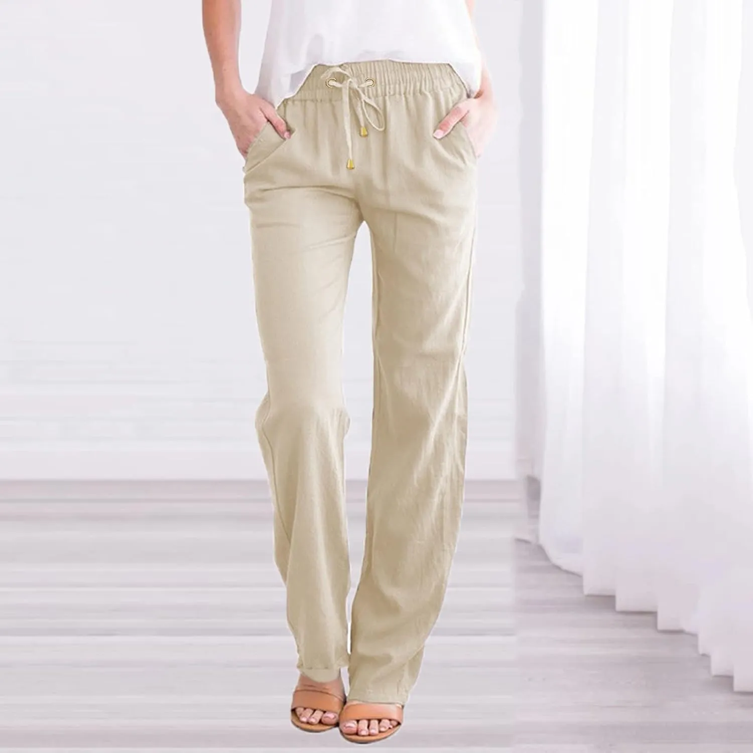 Womens Casual Cotton Linen Pants Lightweight Summer Relax Fit Elastic Waist Lounge Long Trousers Summer Beach Pants