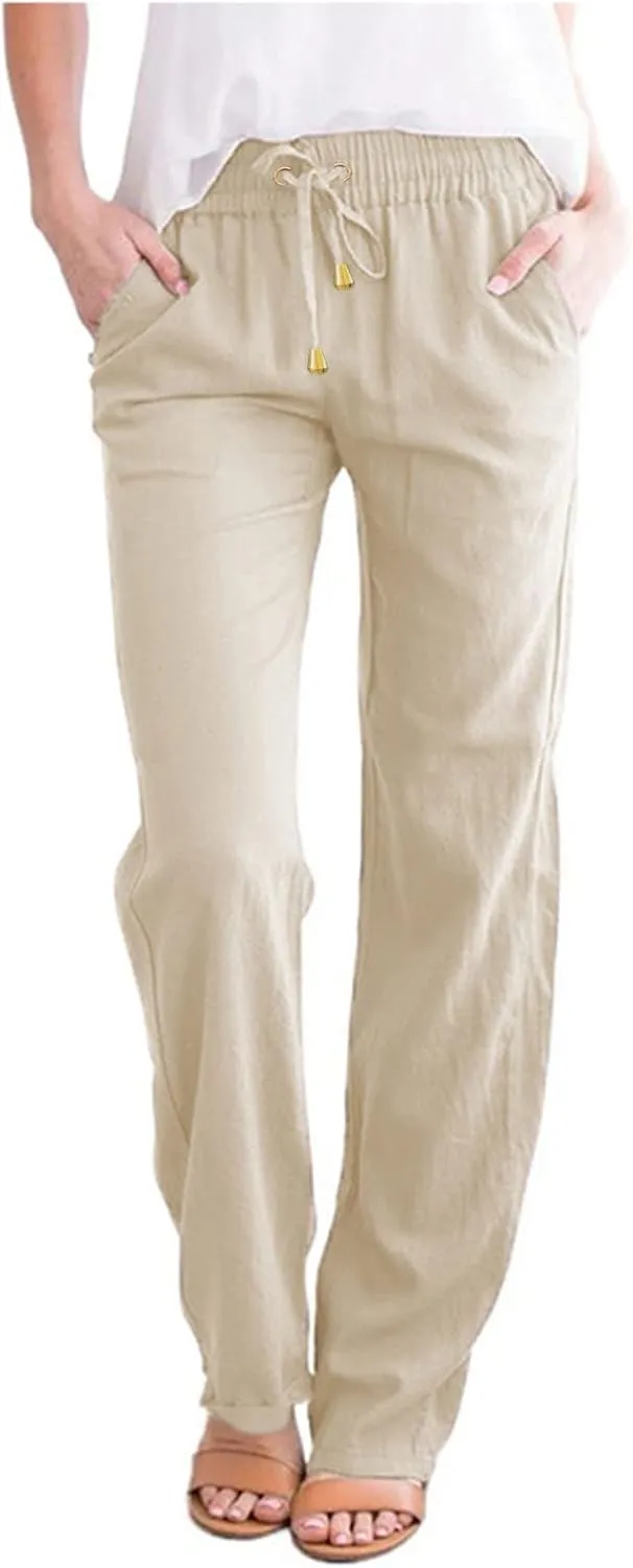 Womens Casual Cotton Linen Pants Lightweight Summer Relax Fit Elastic Waist Lounge Long Trousers Summer Beach Pants