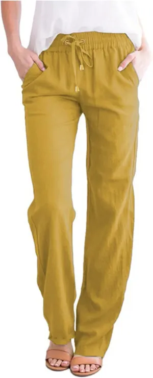 Womens Casual Cotton Linen Pants Lightweight Summer Relax Fit Elastic Waist Lounge Long Trousers Summer Beach Pants