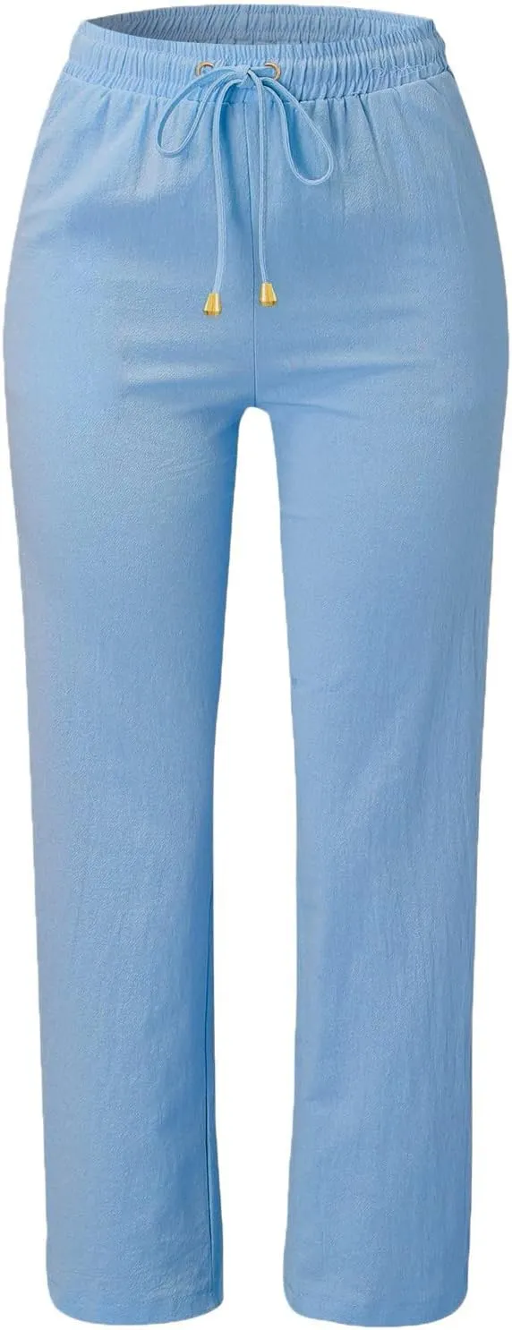 Womens Casual Cotton Linen Pants Lightweight Summer Relax Fit Elastic Waist Lounge Long Trousers Summer Beach Pants