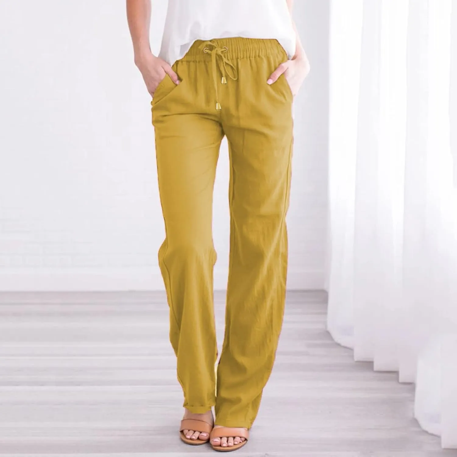 Womens Casual Cotton Linen Pants Lightweight Summer Relax Fit Elastic Waist Lounge Long Trousers Summer Beach Pants