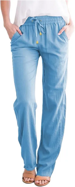 Womens Casual Cotton Linen Pants Lightweight Summer Relax Fit Elastic Waist Lounge Long Trousers Summer Beach Pants