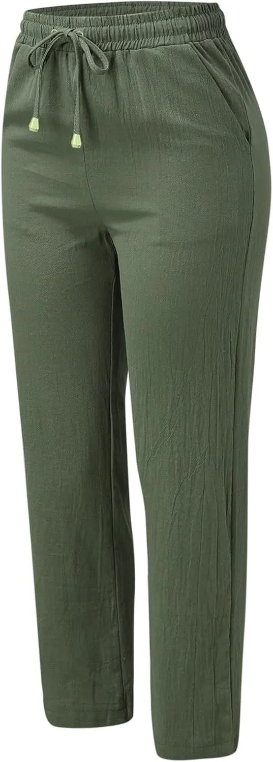 Womens Casual Cotton Linen Pants Lightweight Summer Relax Fit Elastic Waist Lounge Long Trousers Summer Beach Pants