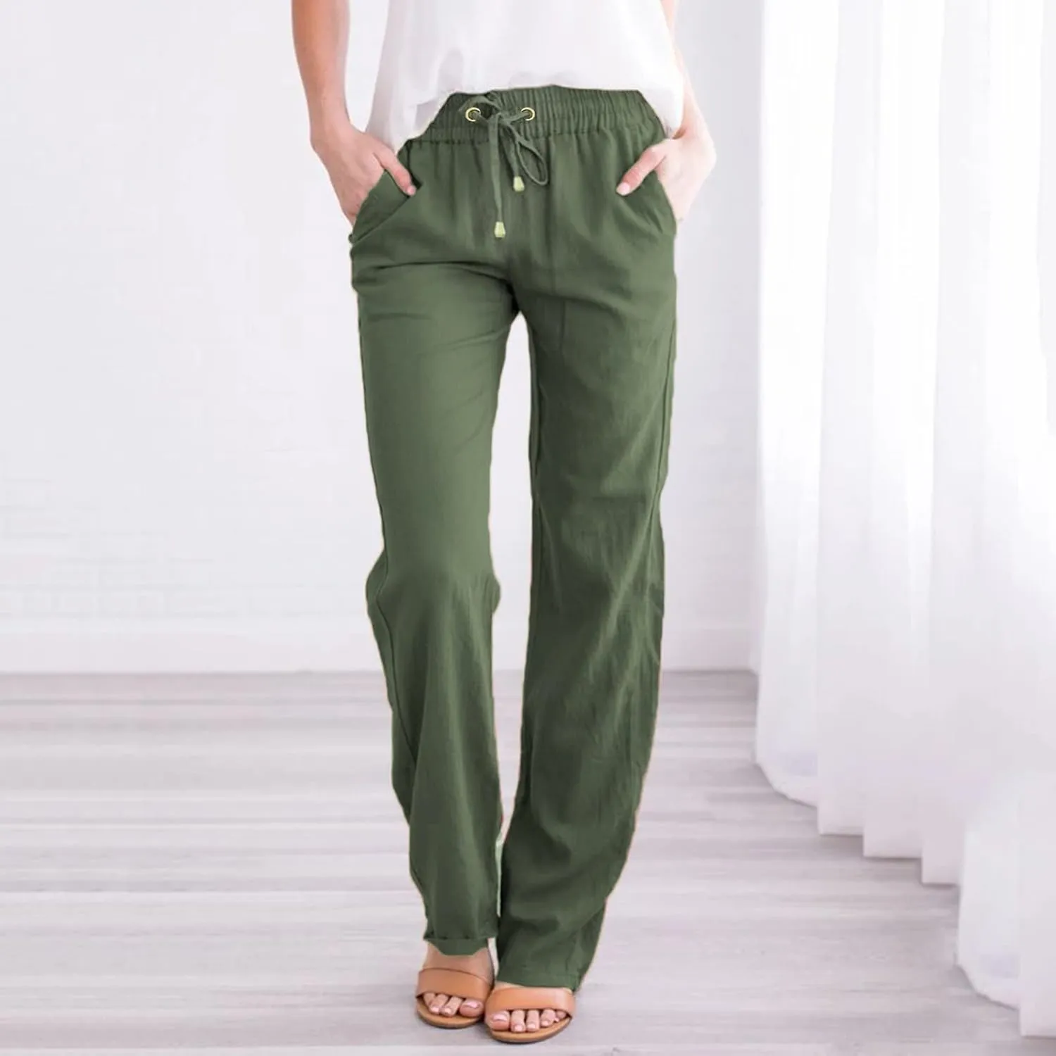 Womens Casual Cotton Linen Pants Lightweight Summer Relax Fit Elastic Waist Lounge Long Trousers Summer Beach Pants