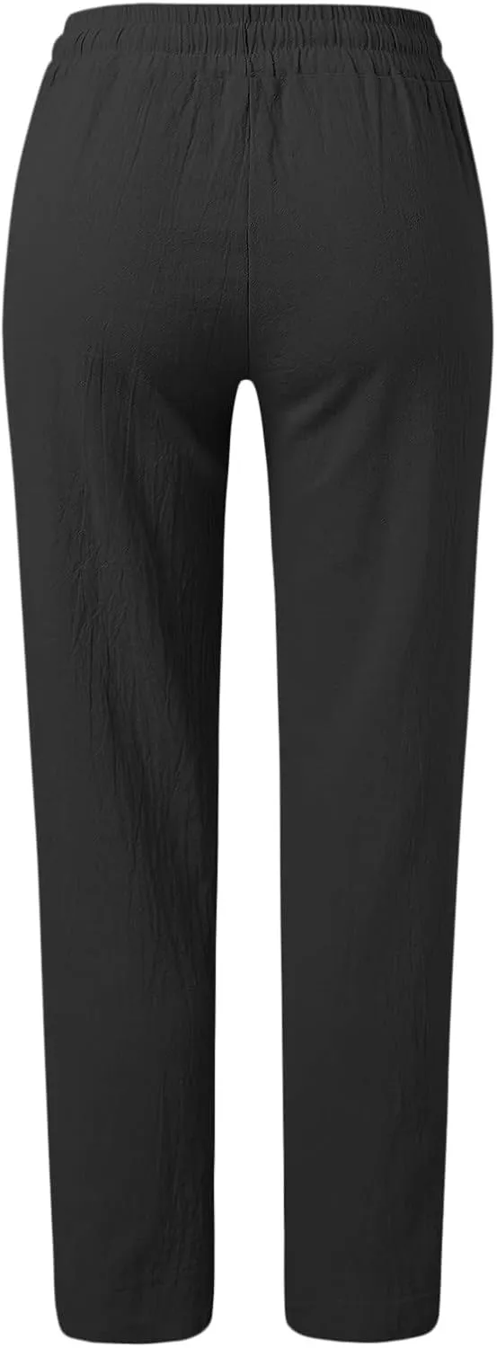 Womens Casual Cotton Linen Pants Lightweight Summer Relax Fit Elastic Waist Solid Lounge Long Trousers Beach Clothes