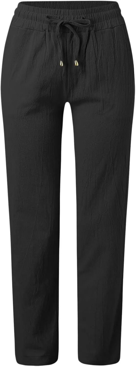 Womens Casual Cotton Linen Pants Lightweight Summer Relax Fit Elastic Waist Solid Lounge Long Trousers Beach Clothes