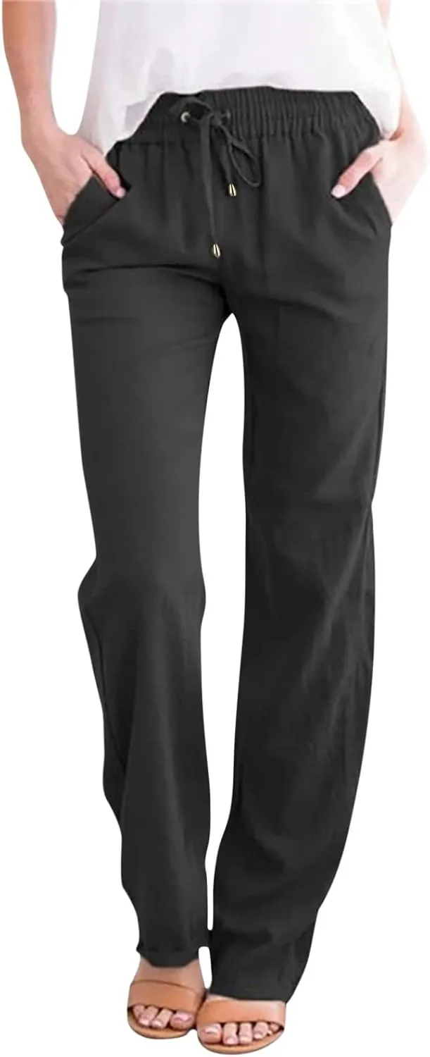 Womens Casual Cotton Linen Pants Lightweight Summer Relax Fit Elastic Waist Solid Lounge Long Trousers Beach Clothes