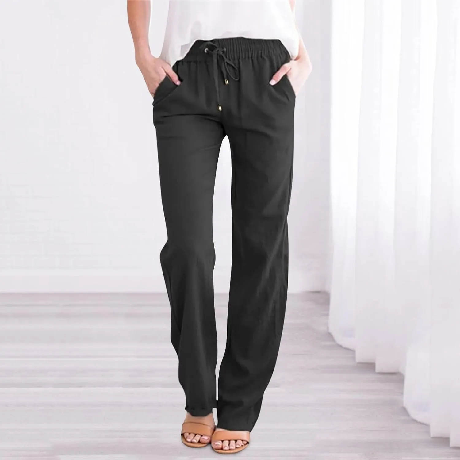 Womens Casual Cotton Linen Pants Lightweight Summer Relax Fit Elastic Waist Solid Lounge Long Trousers Beach Clothes