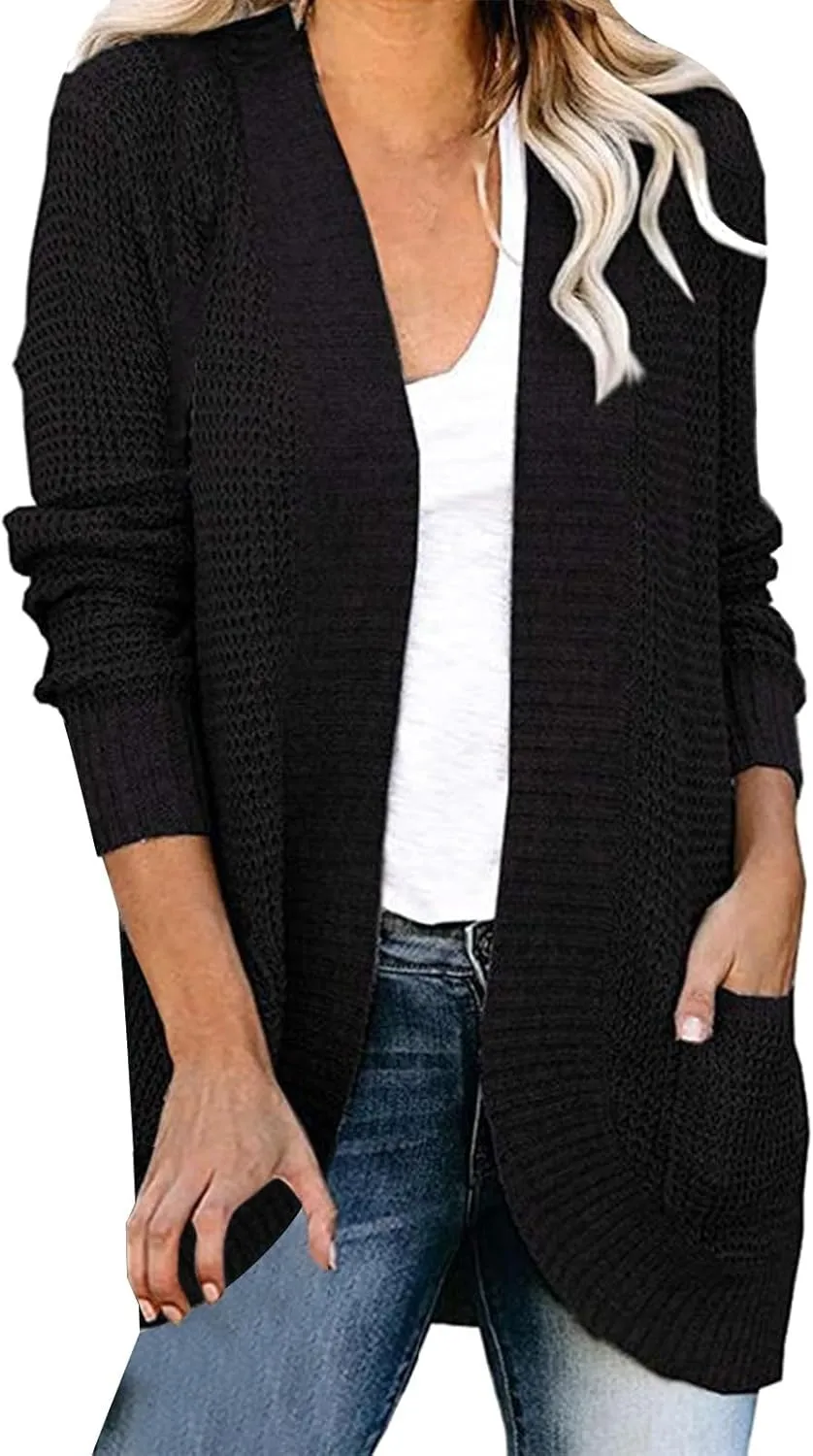 Womens Casual Lightweight Long Sleeve Cardigan Flowy Soft Open Front Knit Sweaters 2023 Fall Winter Waffle Knit Cardigan