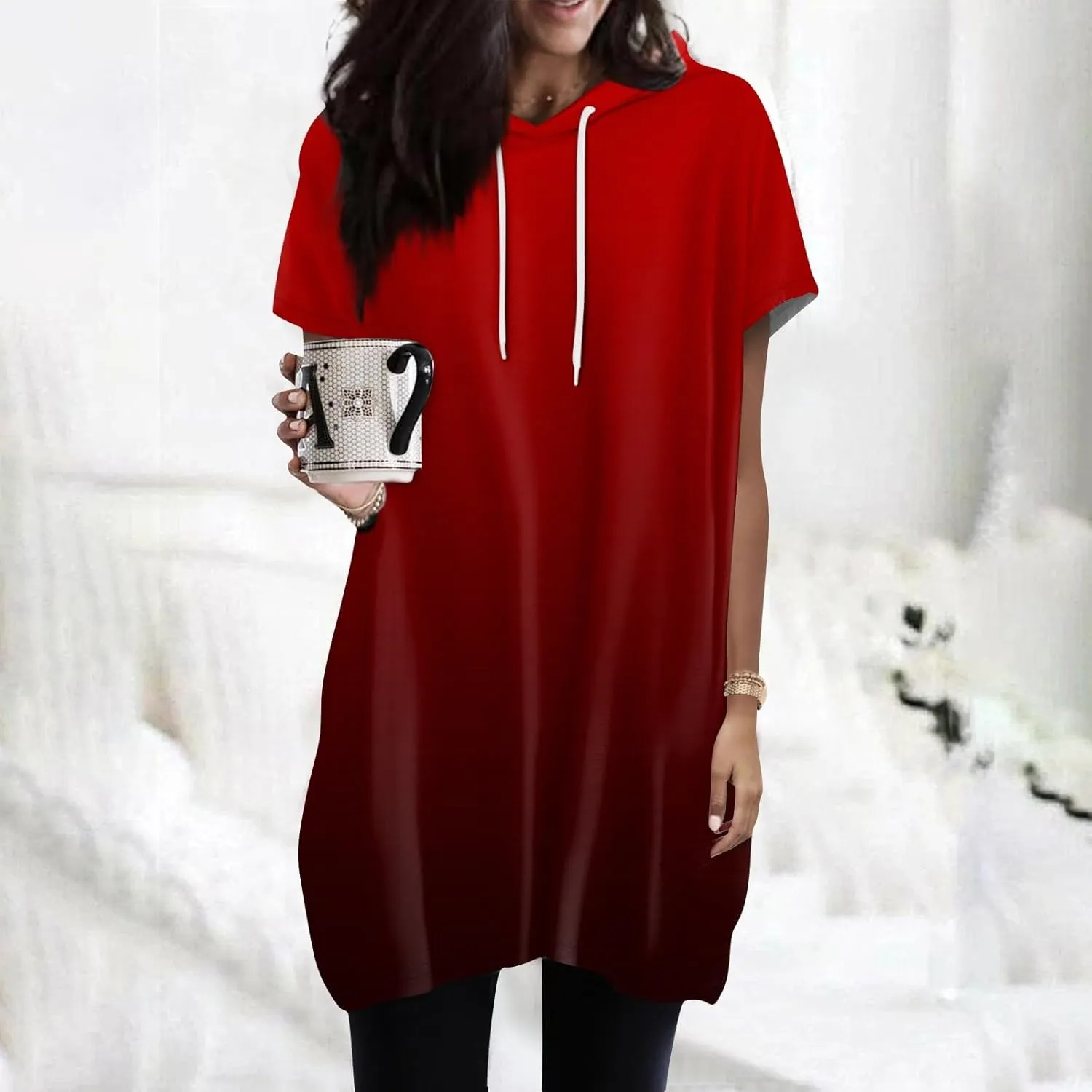 Women's Casual Summer Hoodies Short Sleeve Drawstring Hoodies Tops Front Pullover T-Shirts Tops