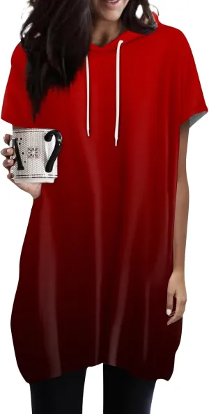 Women's Casual Summer Hoodies Short Sleeve Drawstring Hoodies Tops Front Pullover T-Shirts Tops