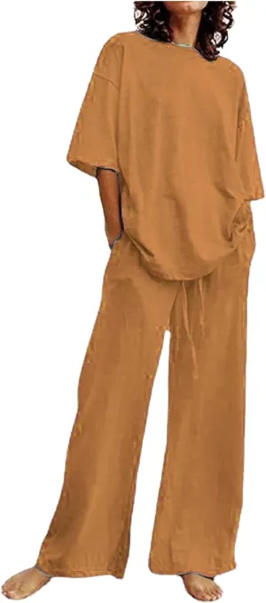 Women's Casual Two-Piece Suit Cotton Linen Short Sleeve Solid Color Shirts Loose Fit Long Trousers Summer Sets