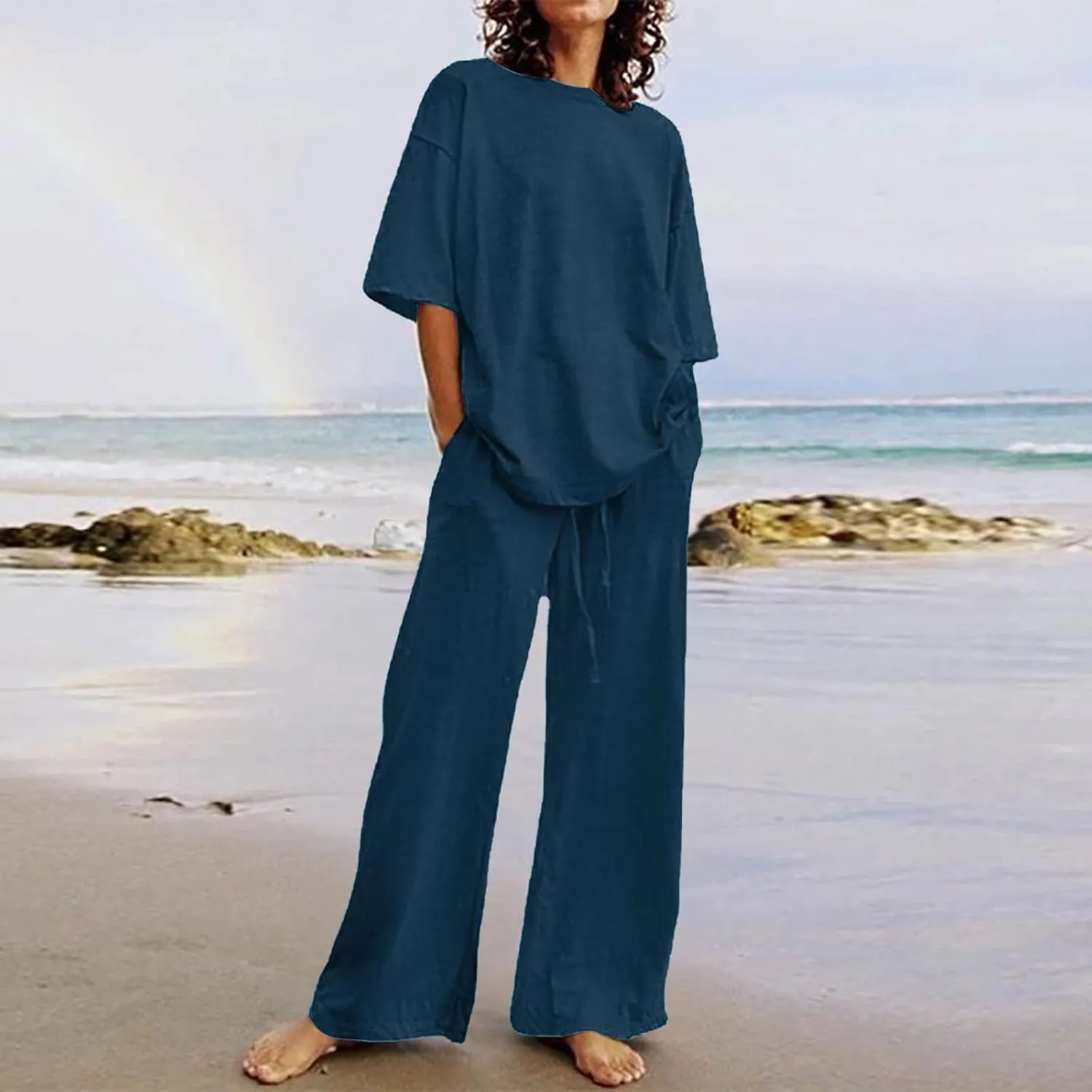 Women's Casual Two-Piece Suit Cotton Linen Short Sleeve Solid Color Shirts Loose Fit Long Trousers Summer Sets
