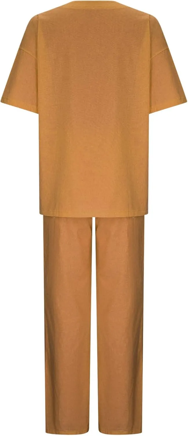 Women's Casual Two-Piece Suit Cotton Linen Short Sleeve Solid Color Shirts Loose Fit Long Trousers Summer Sets