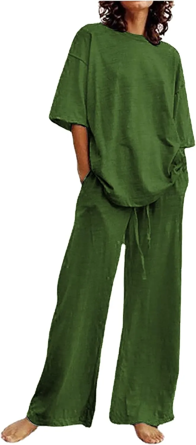 Women's Casual Two-Piece Suit Cotton Linen Short Sleeve Solid Color Shirts Loose Fit Long Trousers Summer Sets