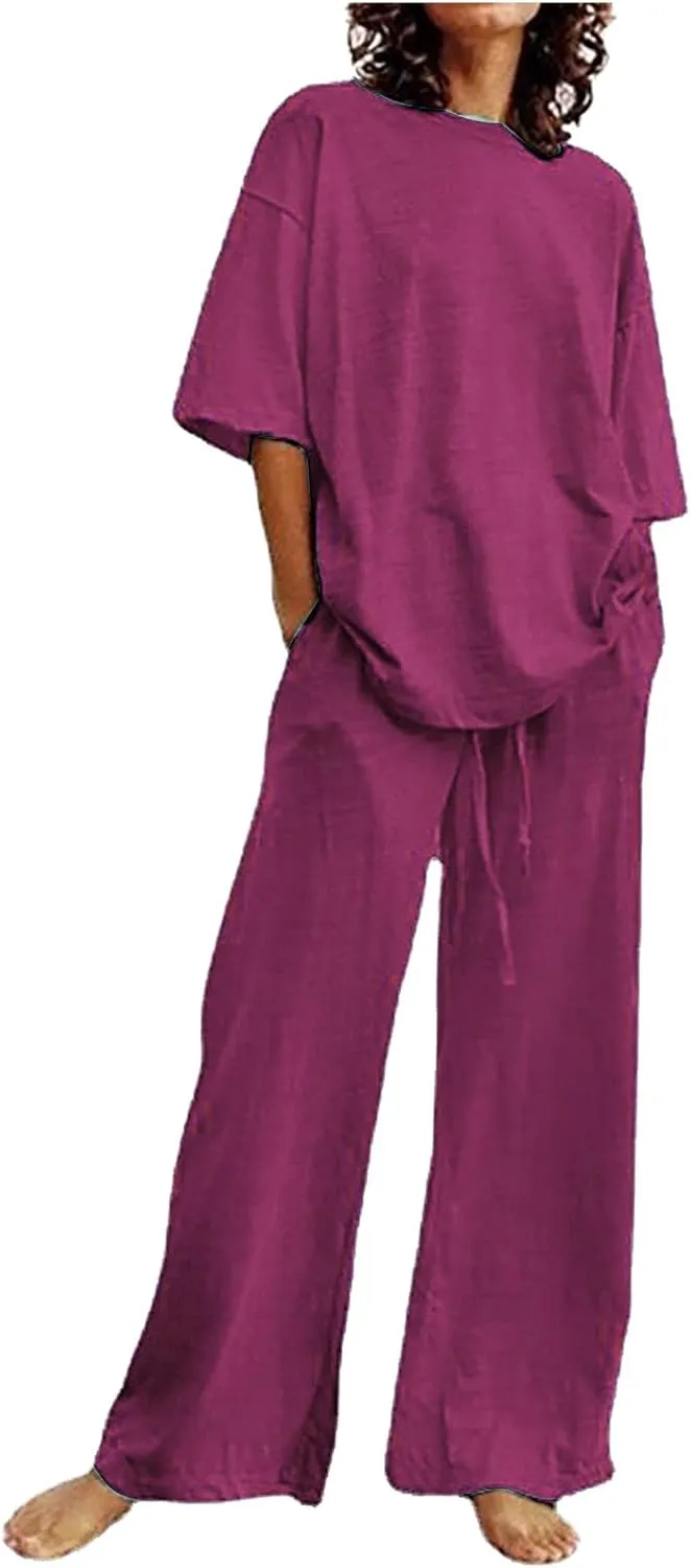 Women's Casual Two-Piece Suit Cotton Linen Short Sleeve Solid Color Shirts Loose Fit Long Trousers Summer Sets
