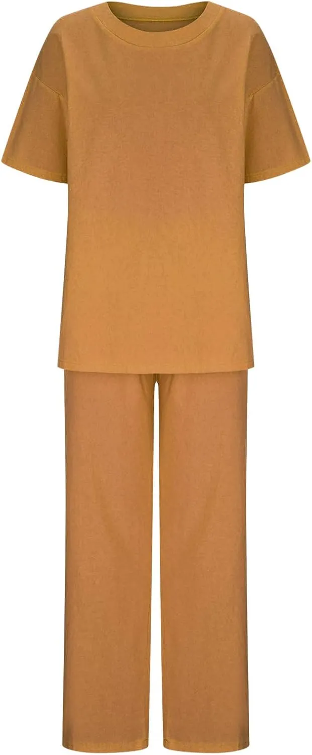 Women's Casual Two-Piece Suit Cotton Linen Short Sleeve Solid Color Shirts Loose Fit Long Trousers Summer Sets