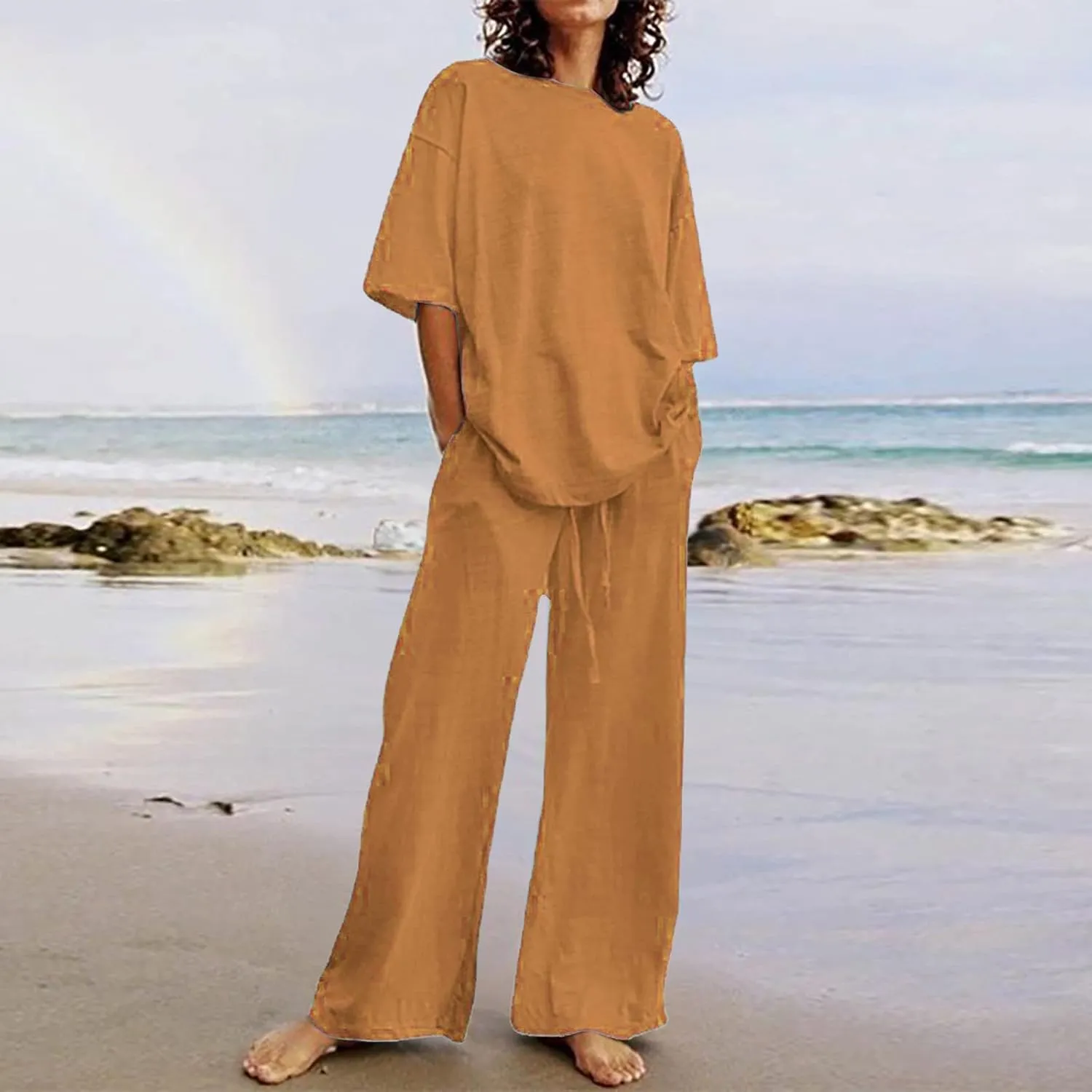 Women's Casual Two-Piece Suit Cotton Linen Short Sleeve Solid Color Shirts Loose Fit Long Trousers Summer Sets