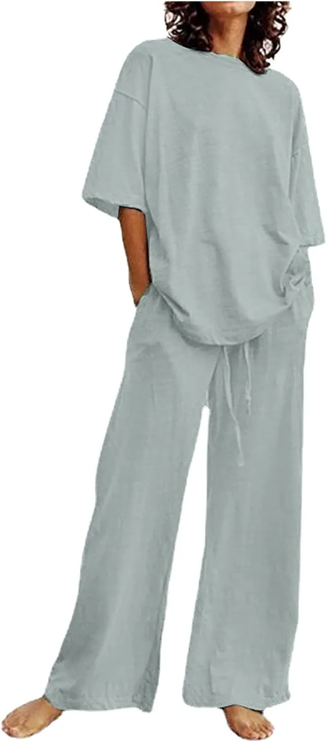 Women's Casual Two-Piece Suit Cotton Linen Short Sleeve Solid Color Shirts Loose Fit Long Trousers Summer Sets