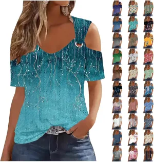 Womens Cold Shoulder Eyelet Tops V Neck Short Sleeve Floral Shirts Boho Summer Tshirt Casual Dressy Trendy Blouses