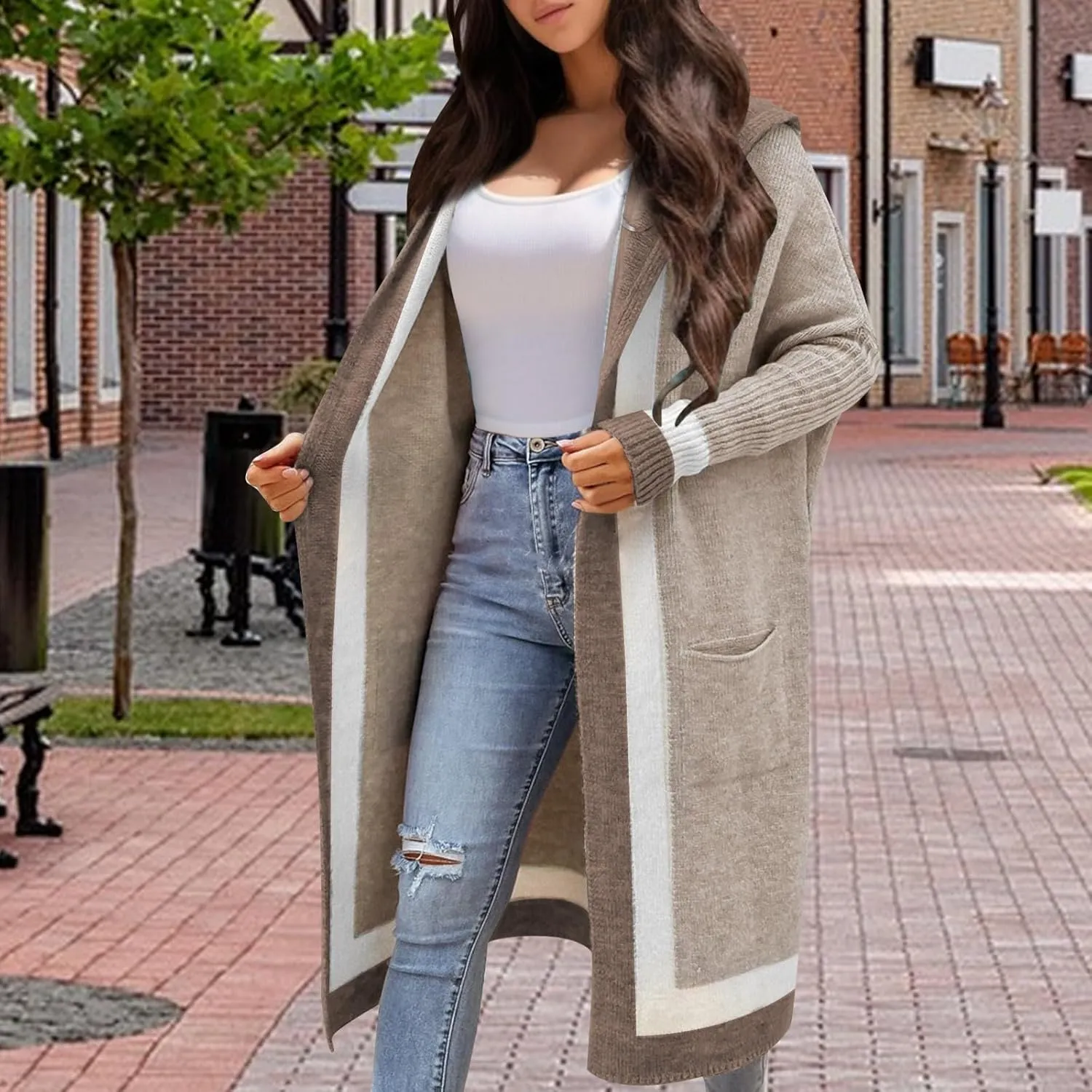 Women's Color Block Vertical Striped Open Front Hooded Oversized Long Cardigan Sweaters with Pockets