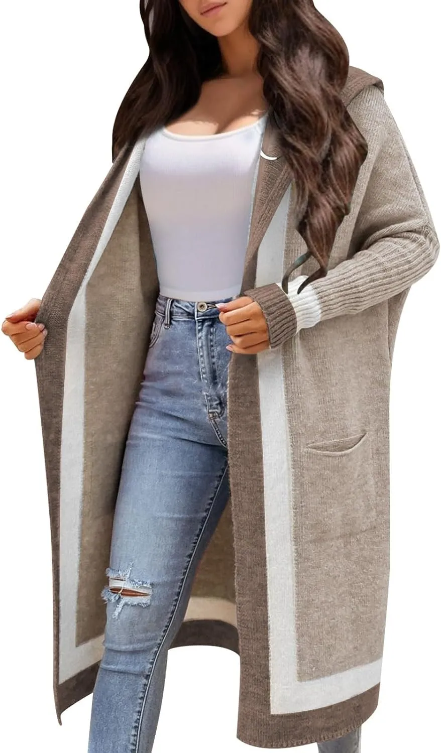Women's Color Block Vertical Striped Open Front Hooded Oversized Long Cardigan Sweaters with Pockets