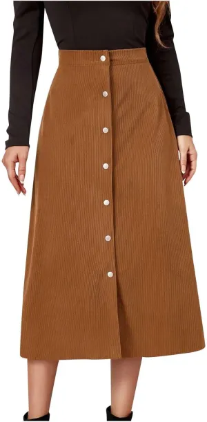 Women's Corduroy High Waisted Button Maxi Skirts A Line Slim Solid Single Breasted Midi Skirts for Fall Winter Spring