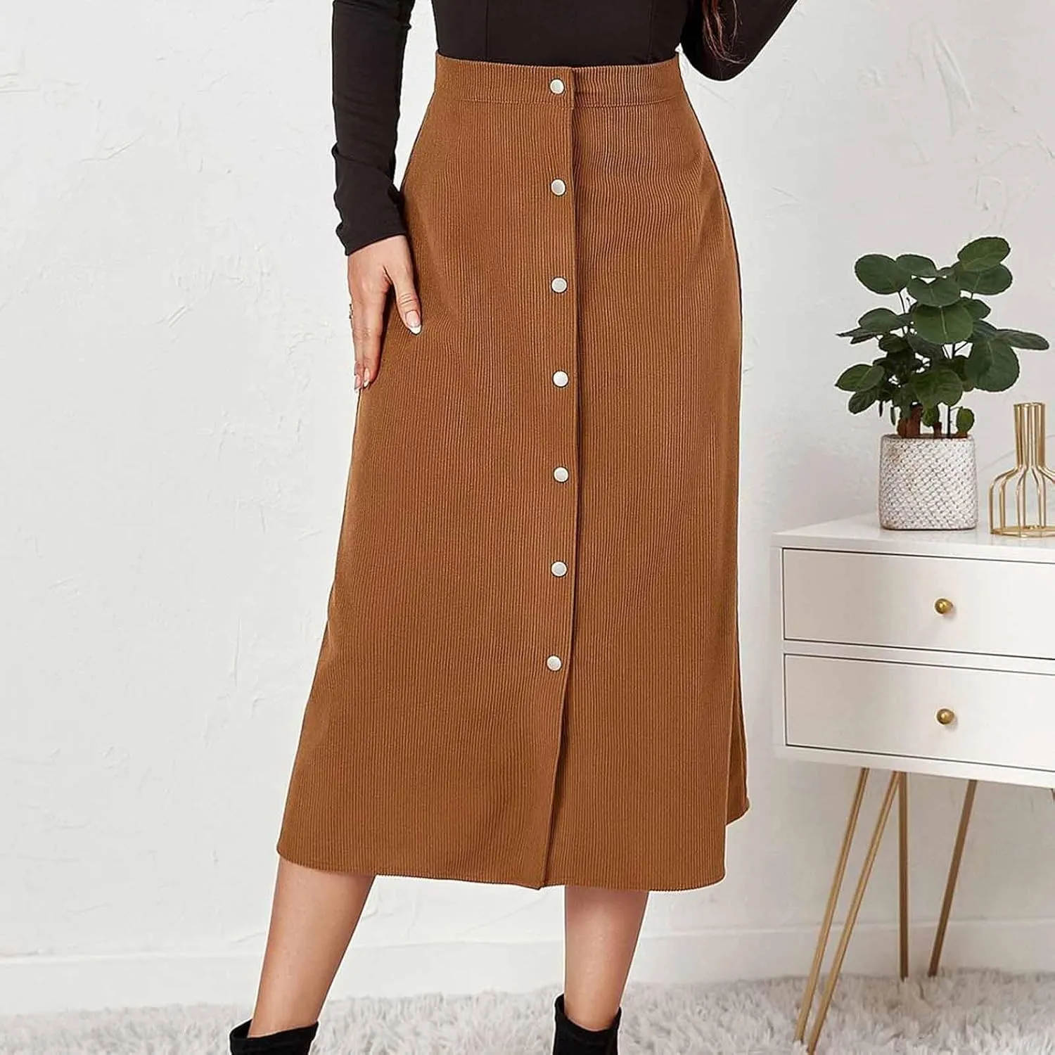 Women's Corduroy High Waisted Button Maxi Skirts A Line Slim Solid Single Breasted Midi Skirts for Fall Winter Spring