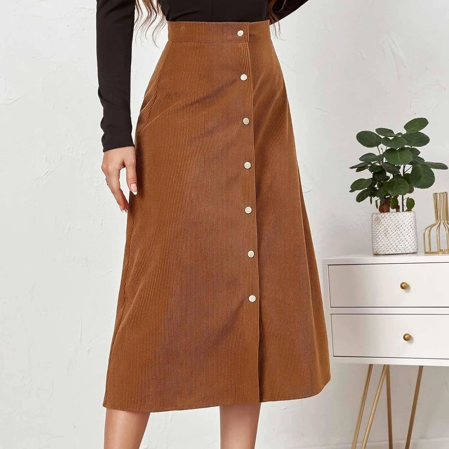 Women's Corduroy High Waisted Button Maxi Skirts A Line Slim Solid Single Breasted Midi Skirts for Fall Winter Spring
