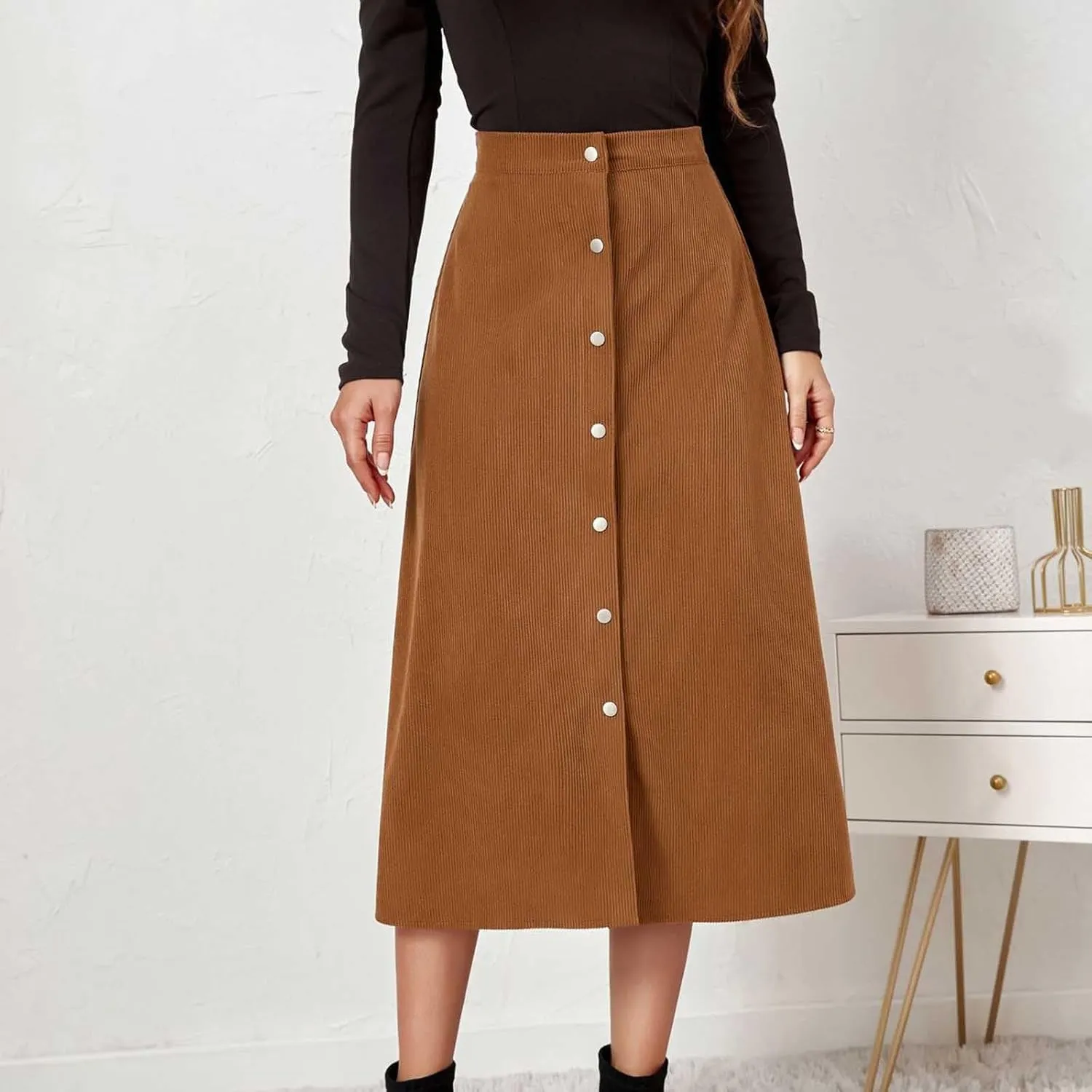 Women's Corduroy High Waisted Button Maxi Skirts A Line Slim Solid Single Breasted Midi Skirts for Fall Winter Spring