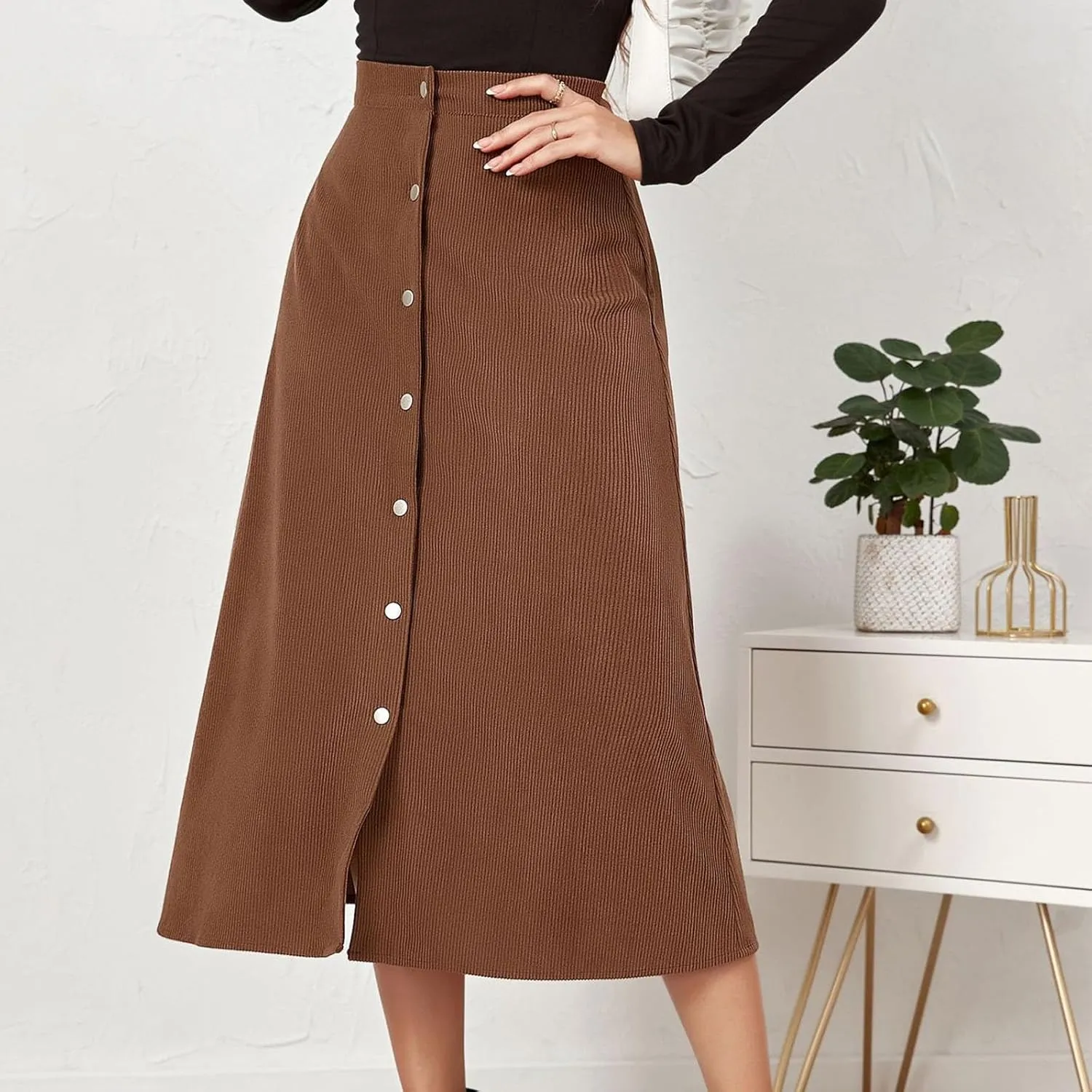 Women's Corduroy High Waisted Button Maxi Skirts A Line Slim Solid Single Breasted Midi Skirts for Fall Winter Spring