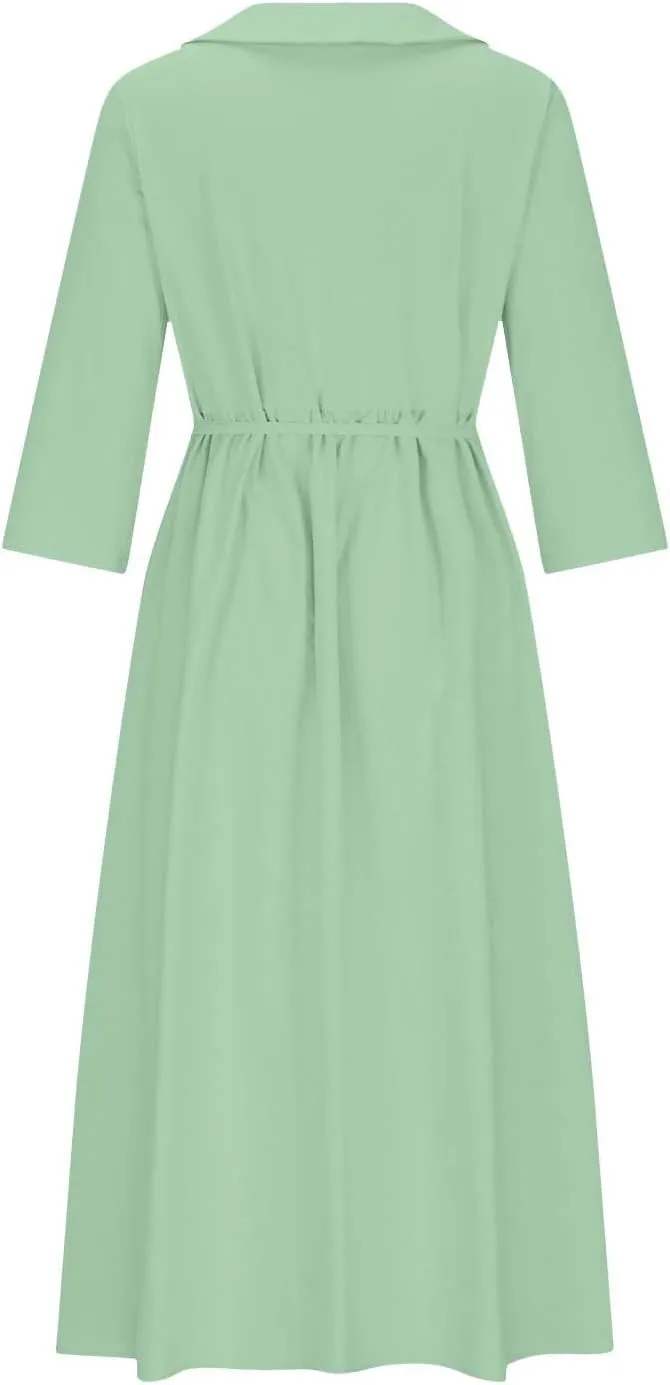 Women's Cotton Linen Button Down Shirt Dress Fashion Drawstring 3/4 Sleeve Pleated Dresses Casual Seaside Outfit 2025