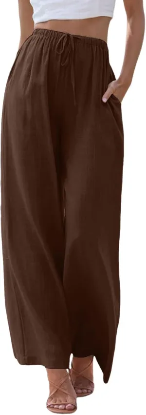 Womens Cotton Linen Pants 2025 Summer Loose Fit Drawstring High Elastic Waist Wide Leg Lightweight Trousers with Pockets