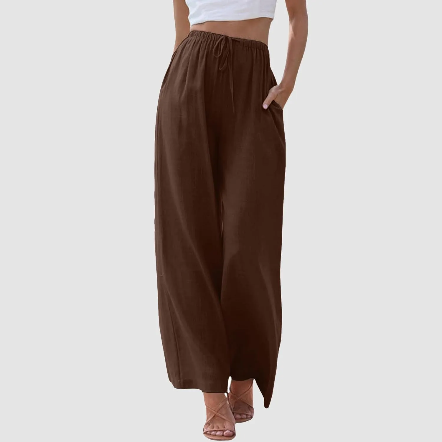 Womens Cotton Linen Pants 2025 Summer Loose Fit Drawstring High Elastic Waist Wide Leg Lightweight Trousers with Pockets