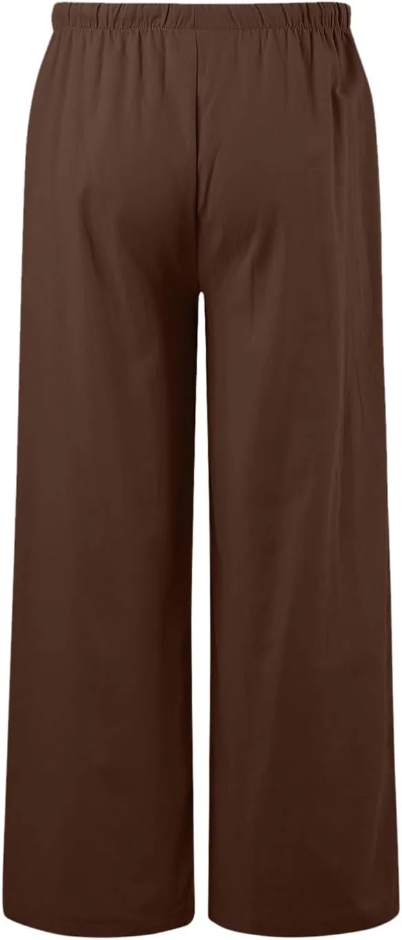 Womens Cotton Linen Pants 2025 Summer Loose Fit Drawstring High Elastic Waist Wide Leg Lightweight Trousers with Pockets