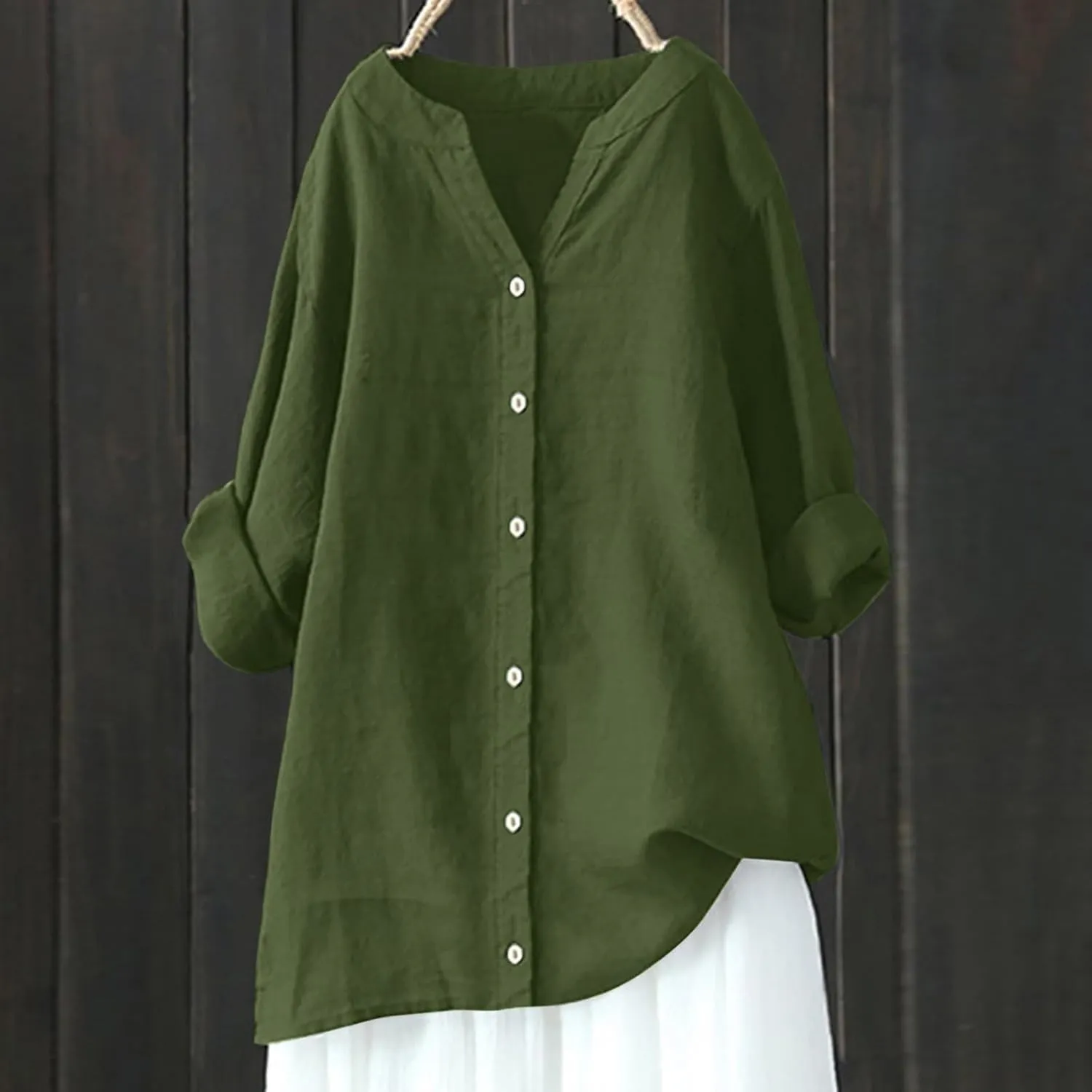 Womens Cotton Linen Tunic Tops Boho Peasant Summer Tops Long Sleeve Button Down Shirts Blouse Dressy Casual Clothing