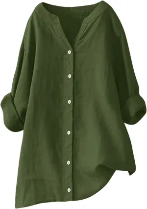 Womens Cotton Linen Tunic Tops Boho Peasant Summer Tops Long Sleeve Button Down Shirts Blouse Dressy Casual Clothing