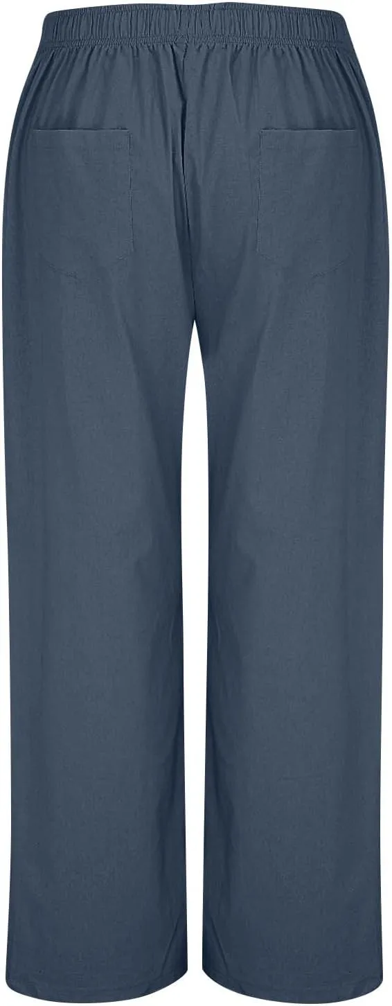 Womens Cotton Linen Wide Leg Pants Summer Lightweight High Waist Palazzo Pant Beach Flowy Button Trouser with Pocket