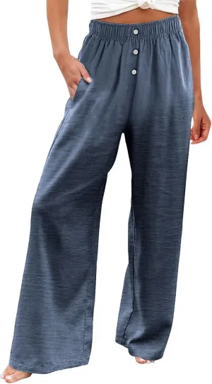 Womens Cotton Linen Wide Leg Pants Summer Lightweight High Waist Palazzo Pant Beach Flowy Button Trouser with Pocket