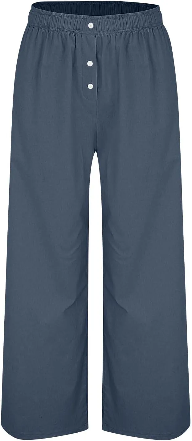 Womens Cotton Linen Wide Leg Pants Summer Lightweight High Waist Palazzo Pant Beach Flowy Button Trouser with Pocket