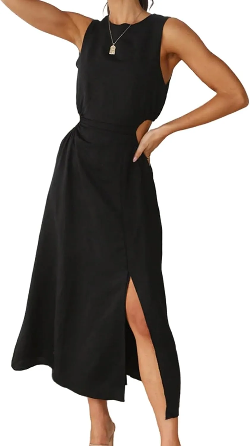 Womens Crew Neck Sleeveless Midi Dress Summer Cut Out Twist Split Hem Long Dress Elegant Solid Sweet Fashion Dresses