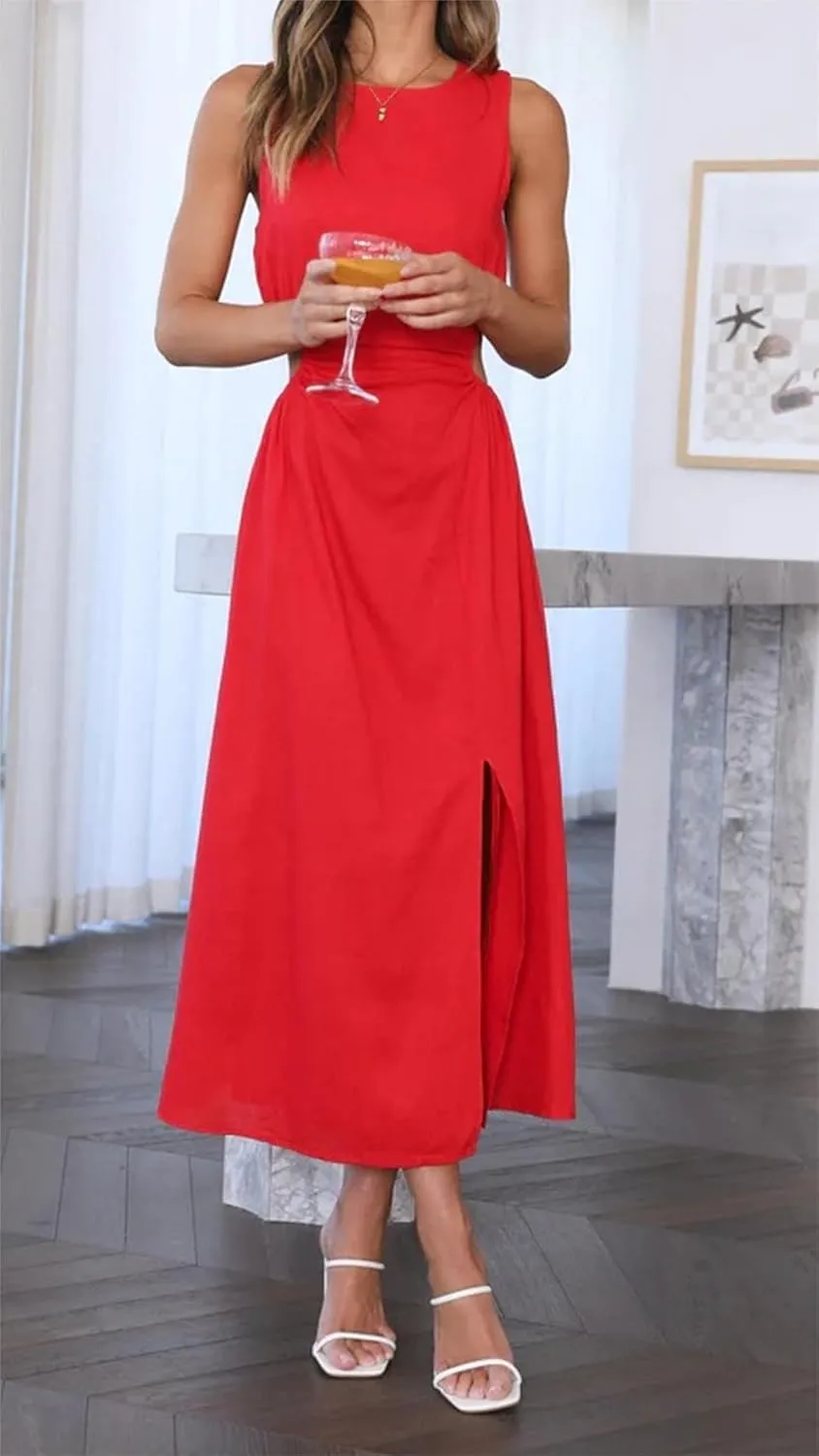 Womens Crew Neck Sleeveless Midi Dress Summer Cut Out Twist Split Hem Long Dress Elegant Solid Sweet Fashion Dresses
