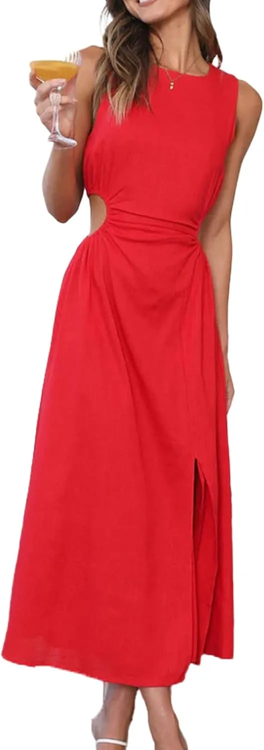 Womens Crew Neck Sleeveless Midi Dress Summer Cut Out Twist Split Hem Long Dress Elegant Solid Sweet Fashion Dresses