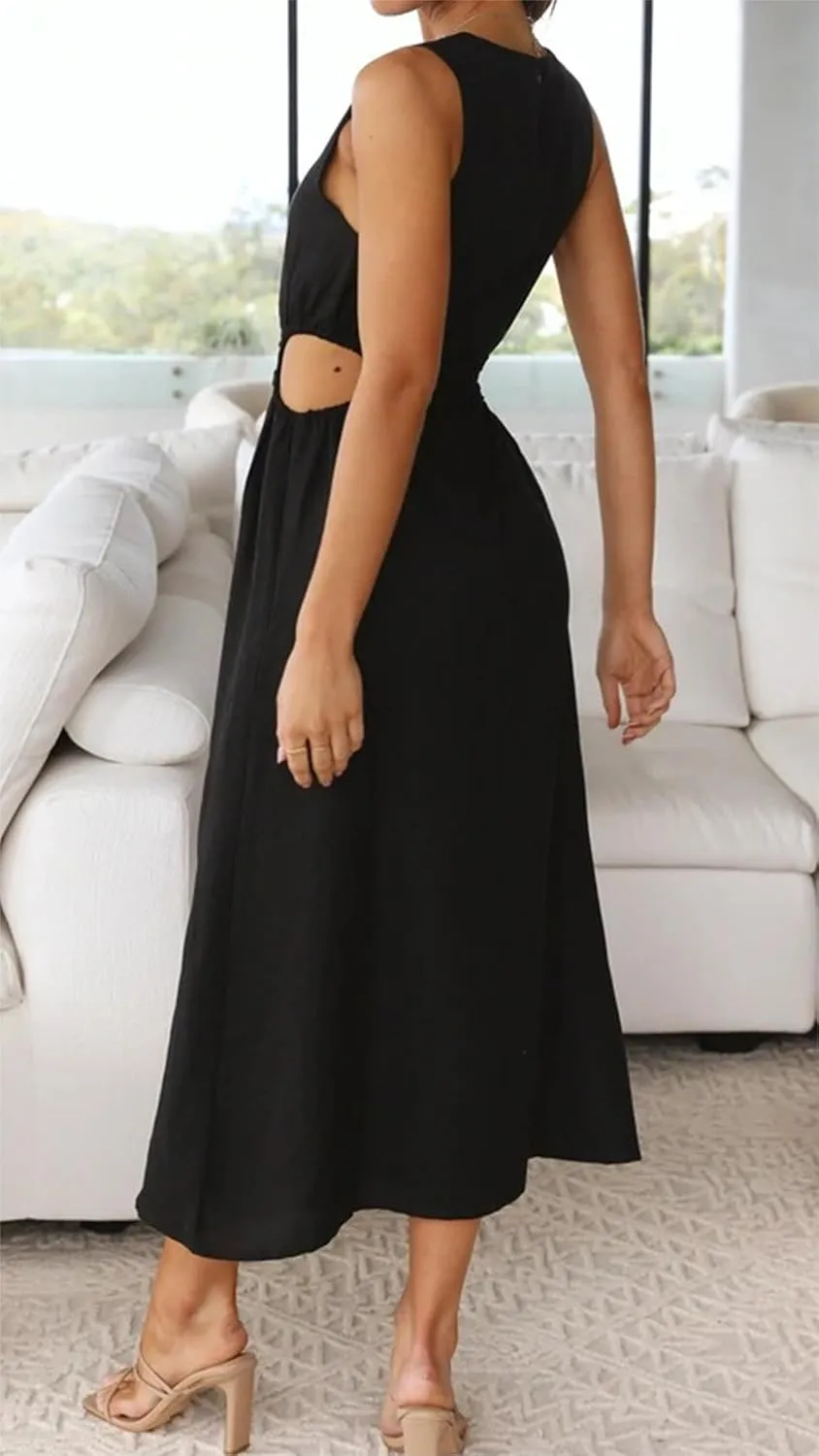 Womens Crew Neck Sleeveless Midi Dress Summer Cut Out Twist Split Hem Long Dress Elegant Solid Sweet Fashion Dresses