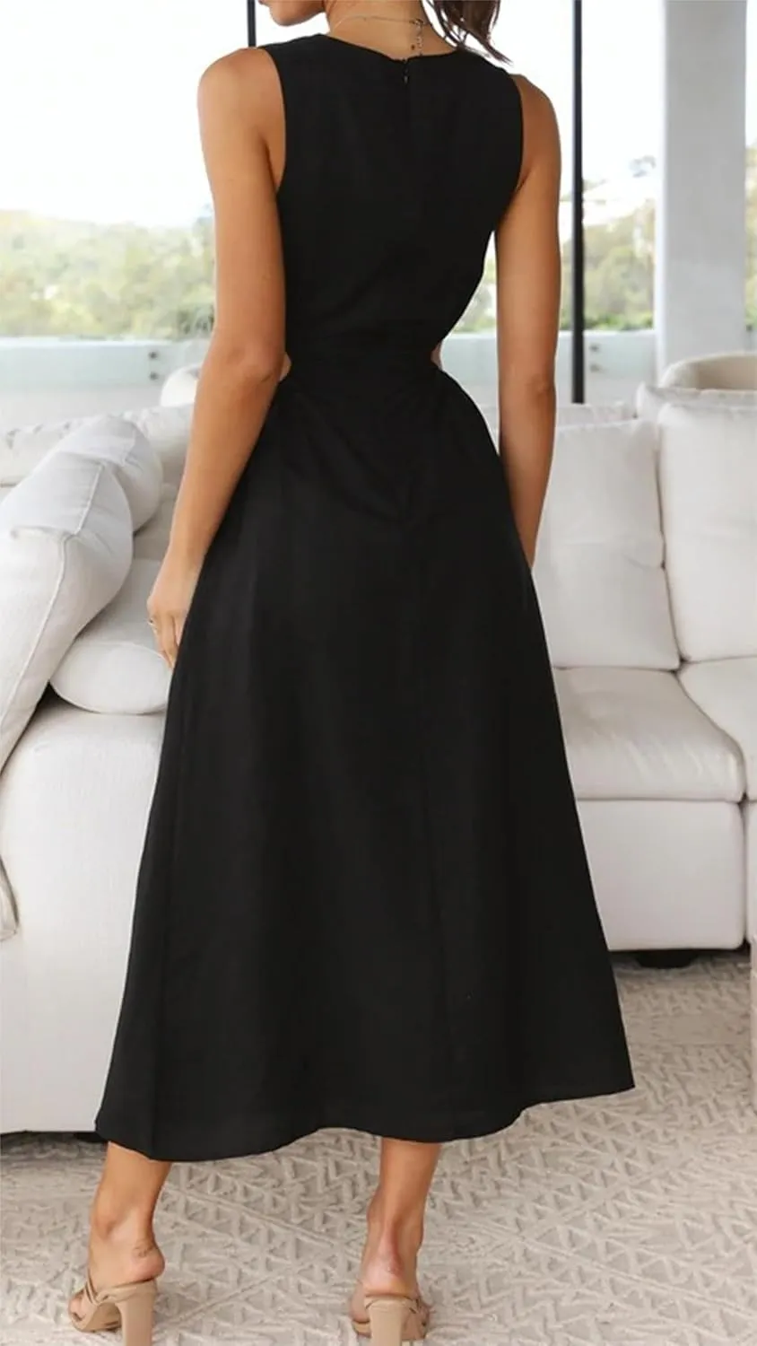 Womens Crew Neck Sleeveless Midi Dress Summer Cut Out Twist Split Hem Long Dress Elegant Solid Sweet Fashion Dresses