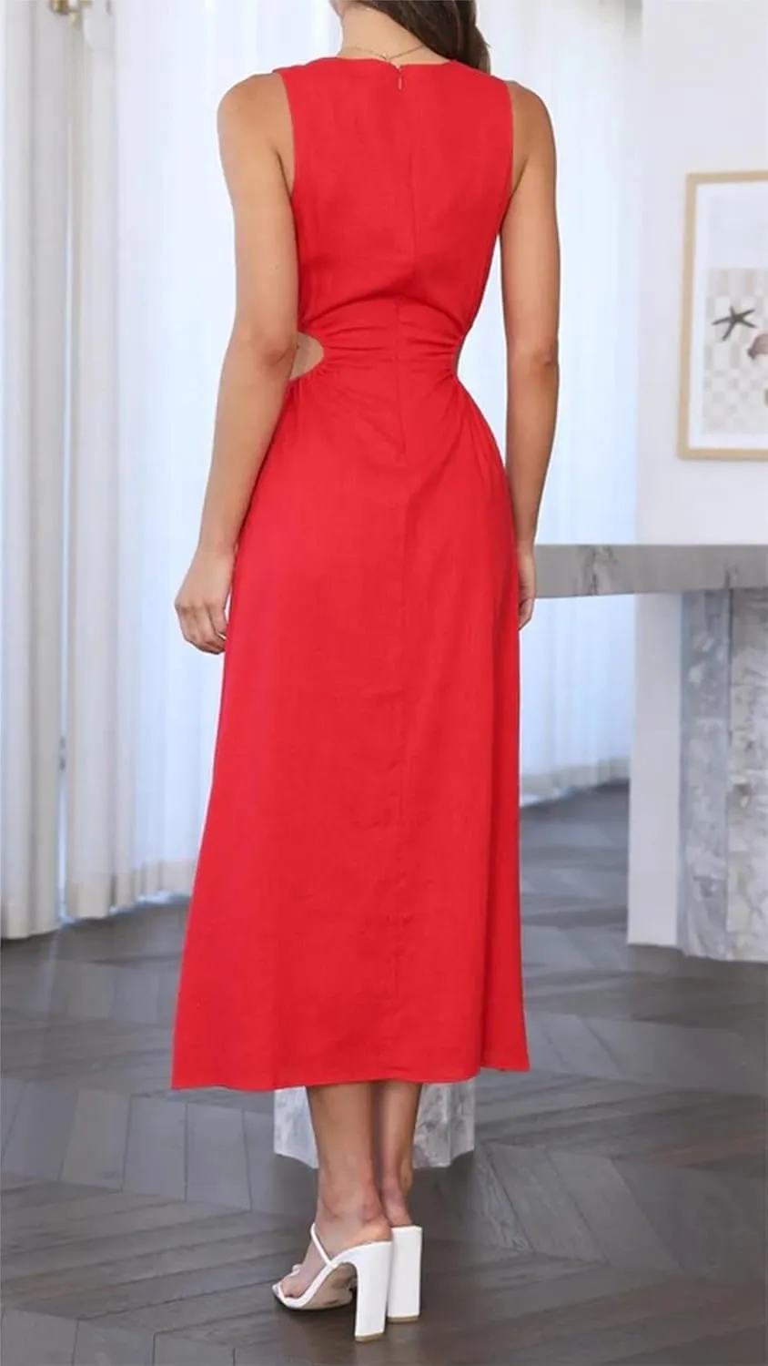 Womens Crew Neck Sleeveless Midi Dress Summer Cut Out Twist Split Hem Long Dress Elegant Solid Sweet Fashion Dresses