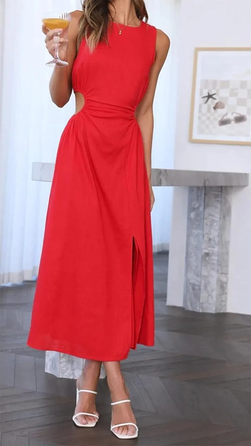 Womens Crew Neck Sleeveless Midi Dress Summer Cut Out Twist Split Hem Long Dress Elegant Solid Sweet Fashion Dresses
