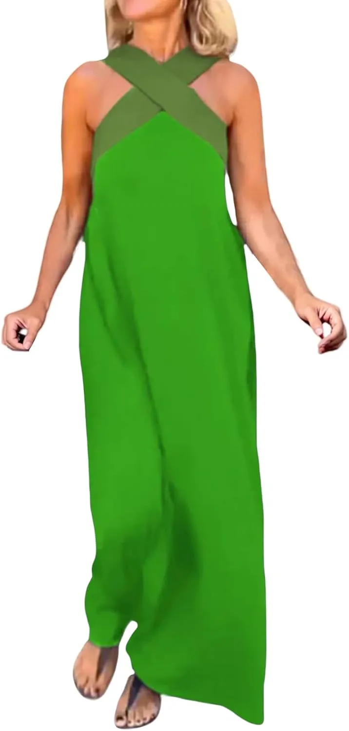 Women's Cross Halter Neck Sleeveless Stitching Dress2025 Summer Loose Flowy Sundress Backless Maxi Dress